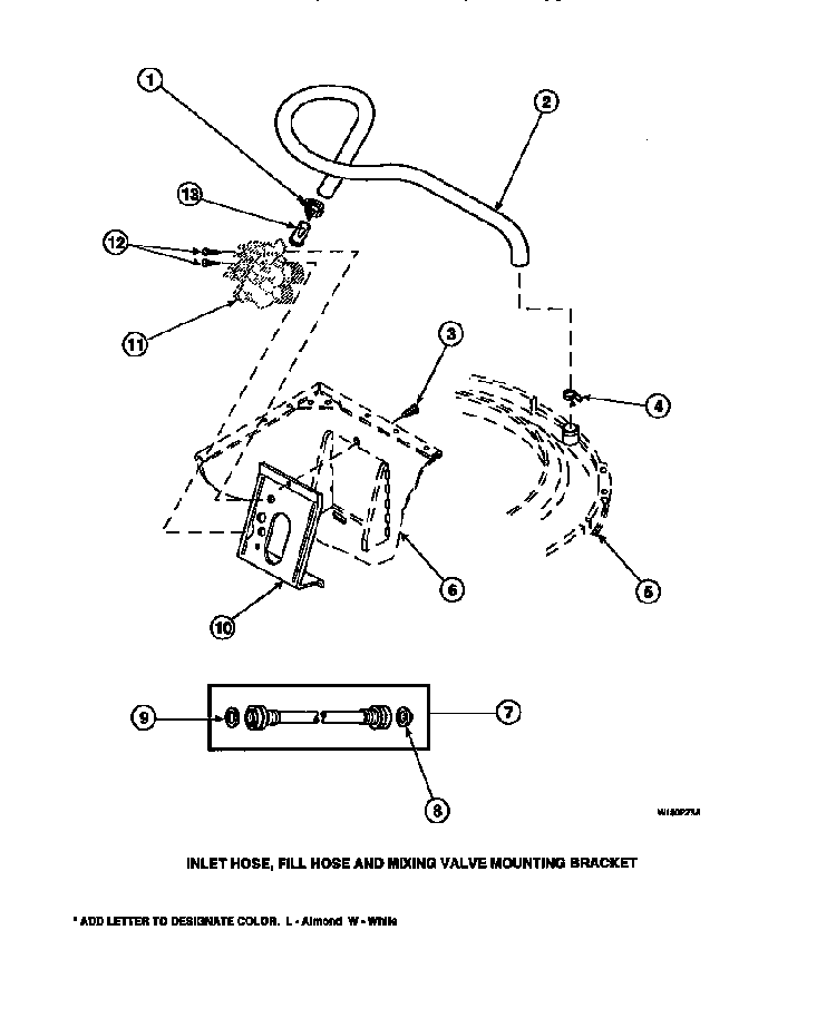 Inlet Hose, Fill Hose And Mixing Valve Mounting Bracket Diagram and Parts List for LW8203W2B-PLW8203W2A  Amana Washer