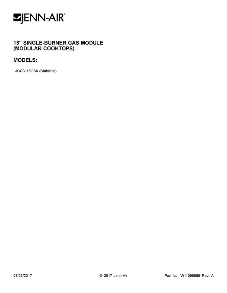 Cover Sheet Diagram and Parts List for JGC3115GS0  Jenn-Air Cooktop