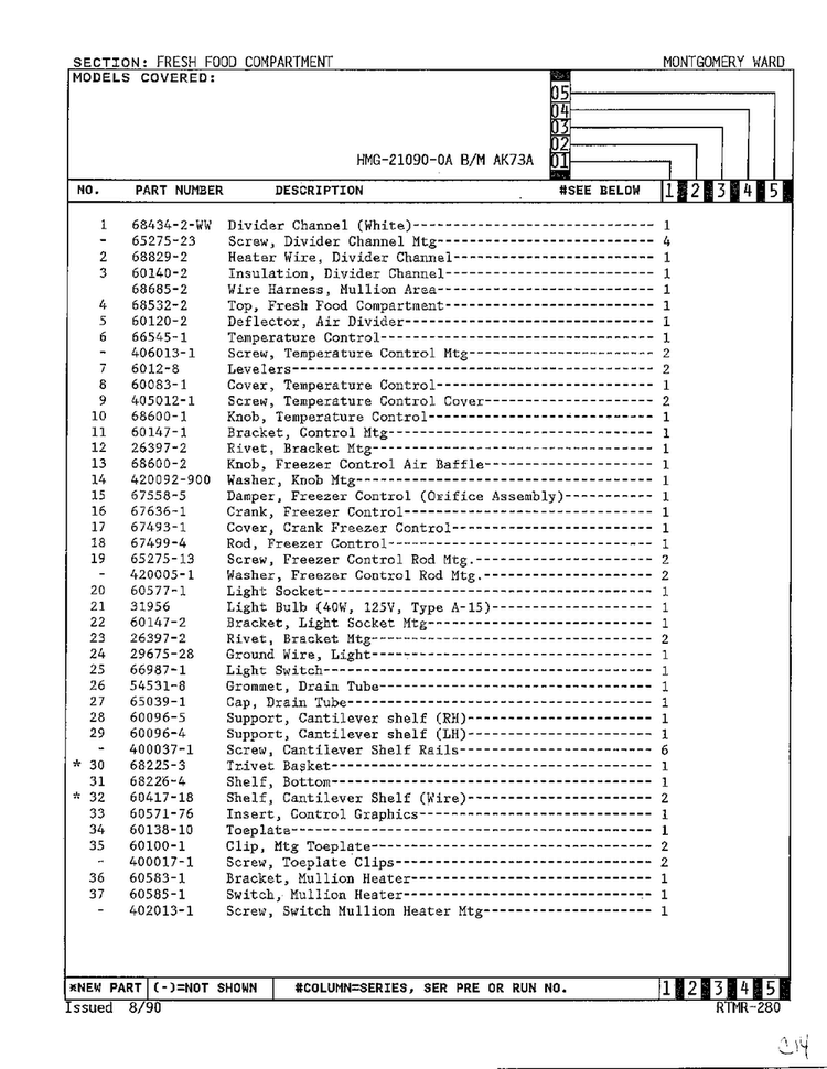 Fresh Food Compartment Page 2 Diagram and Parts List for 21090-0A  Admiral Refrigerator