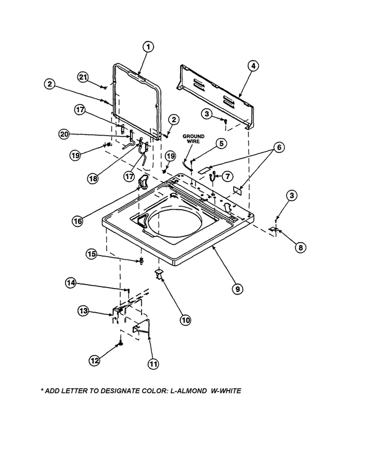 Cabinet, Top/loading Door Diagram and Parts List for LW6153LB-PLW6153LBA  Amana Washer