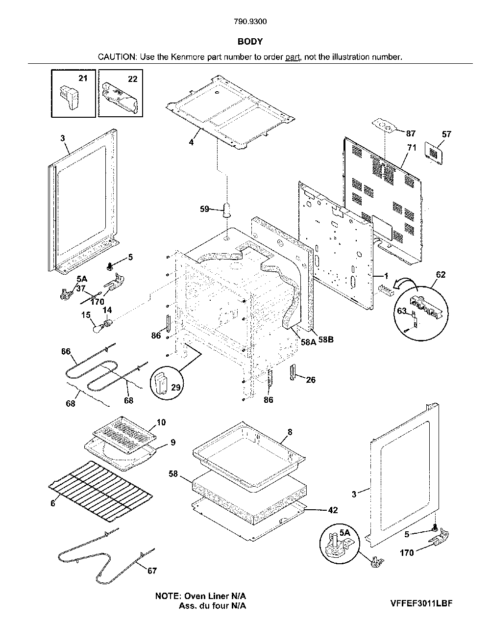 Body Diagram and Parts List for 79093009315  Kenmore Range
