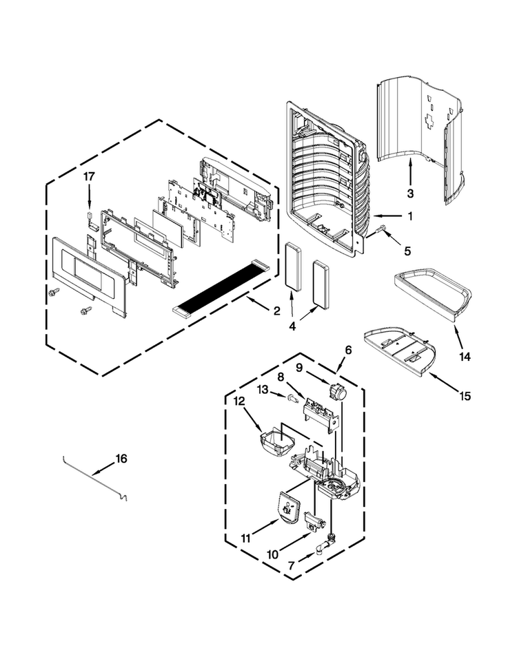 Dispenser Front Parts Diagram and Parts List for 5VMFX257AA01  Maytag Refrigerator