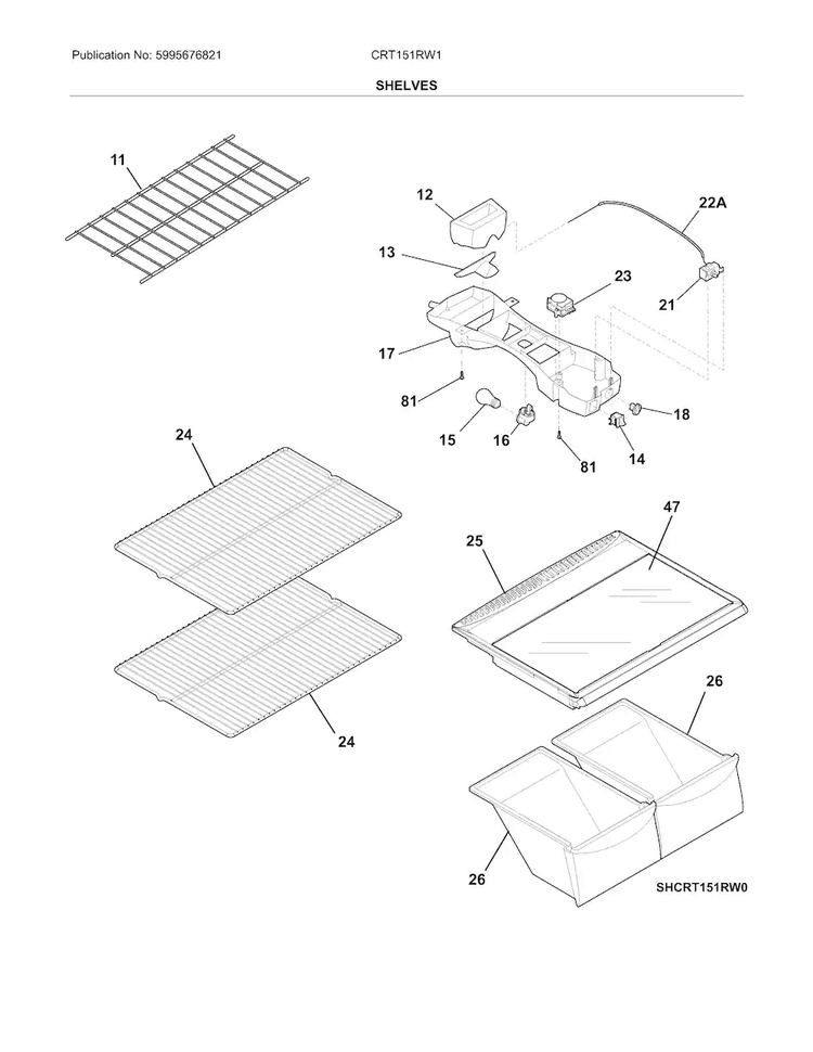 Shelves Diagram and Parts List for CRT151RW1  Crosley Refrigerator