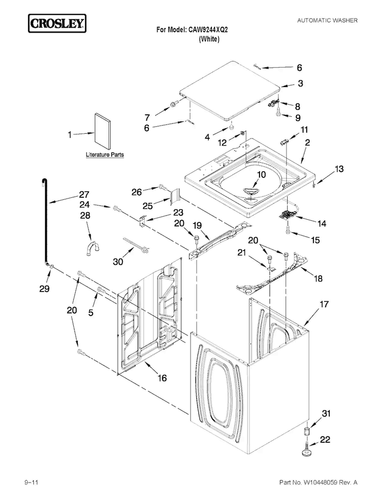 Top And Cabinet Parts Diagram and Parts List for CAW9244XQ2  Crosley Washer