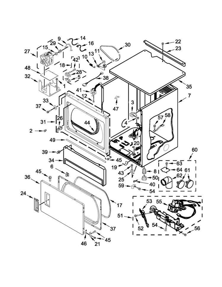 Upper Cabinet And Front Panel Parts Diagram and Parts List for MLG26PDBXW0  Maytag Dryer