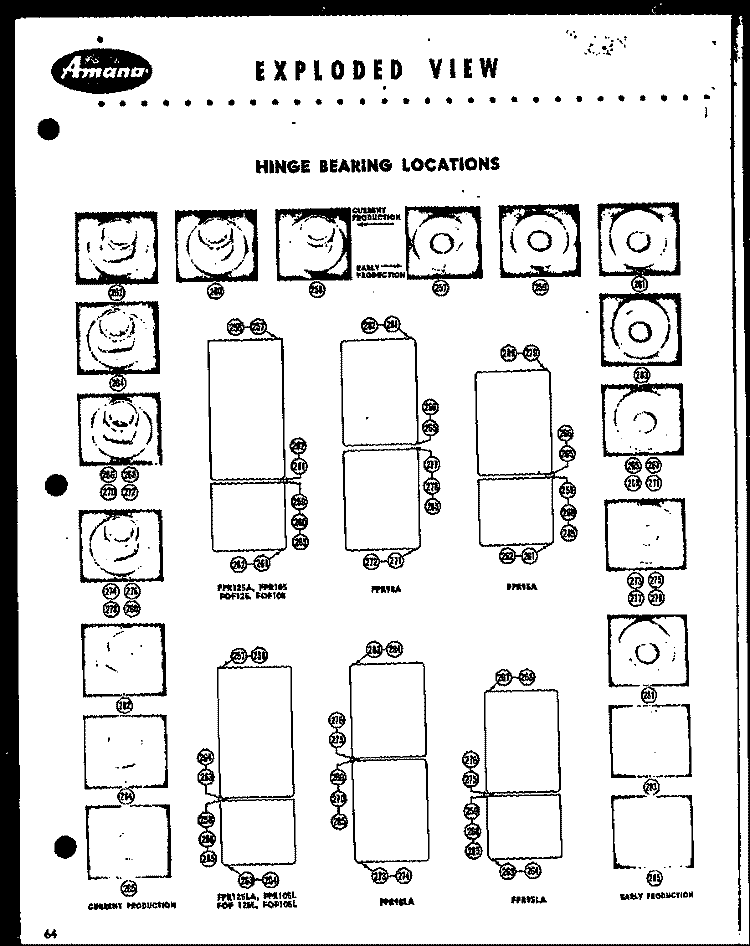 HINGE BEARING LOCATIONS Diagram and Parts List for FPR105L  Amana Refrigerator