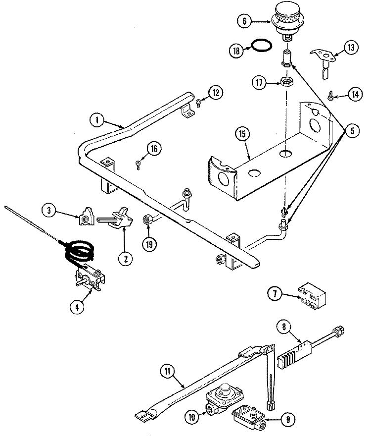 GAS CONTROLS Diagram and Parts List for 3116PRW  Magic Chef Range