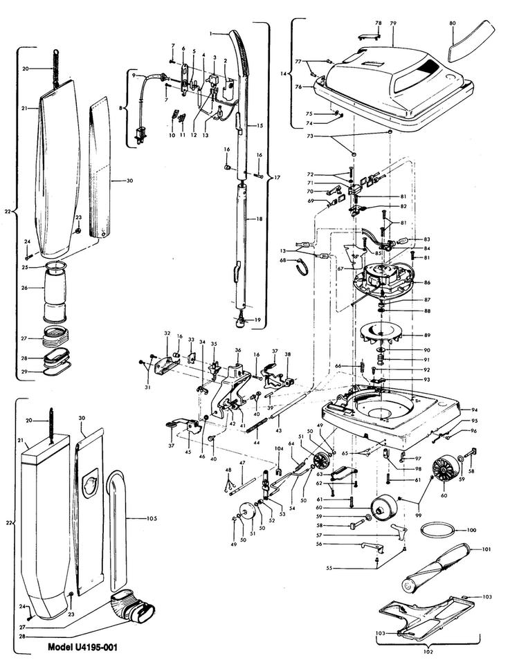 Handle, Mainbody, Outerbag, Hood Diagram and Parts List for U4121  Hoover Upright Vacuum