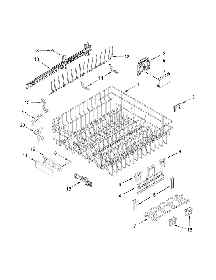 Upper Rack And Track Parts Diagram and Parts List for JDB9000CWP1  Jenn-Air Dishwasher