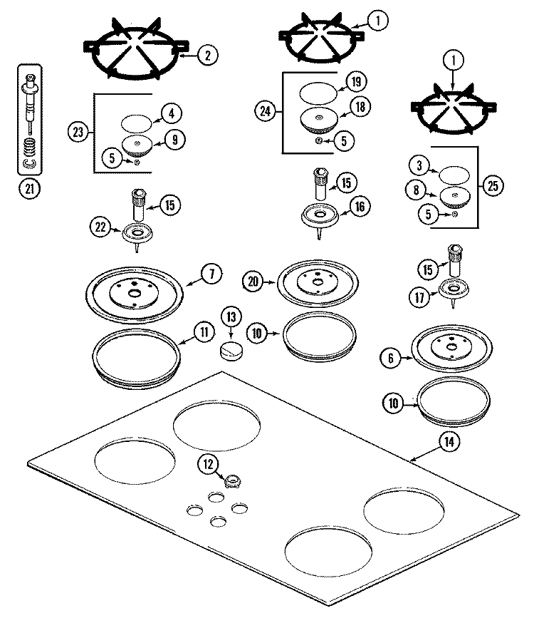 TOP ASSEMBLY Diagram and Parts List for CCG2422W  Jenn-Air Cooktop