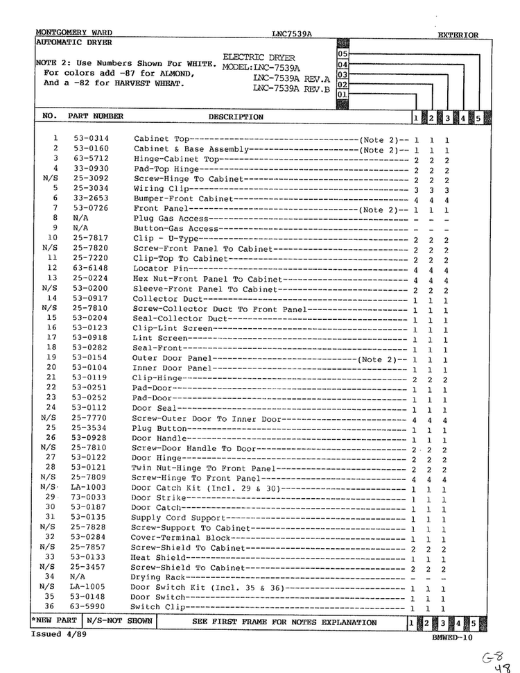 Exterior Page 2 Diagram and Parts List for 7539A REV A Norge Dryer