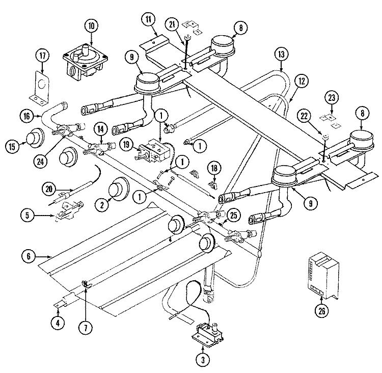 GAS CONTROLS Diagram and Parts List for N4251WTW  Norge Range