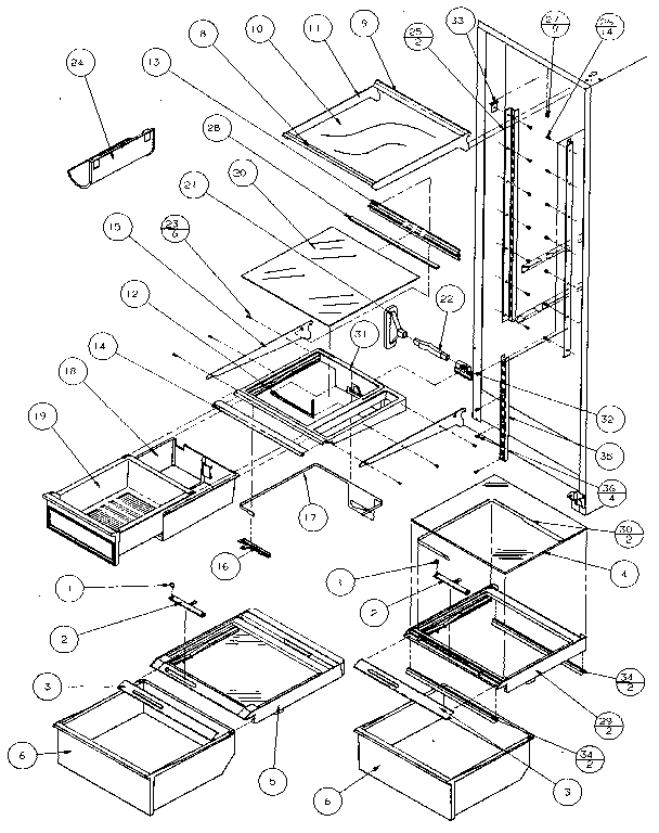 Refrigerator Shelving & Drawers Diagram and Parts List for 36761-P1135802W  Amana Refrigerator