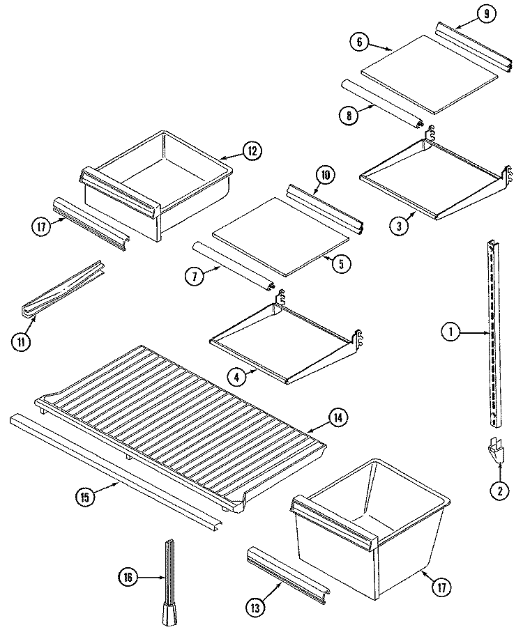 SHELVES & ACCESSORIES Diagram and Parts List for GT17B6N3EA  Maytag Refrigerator
