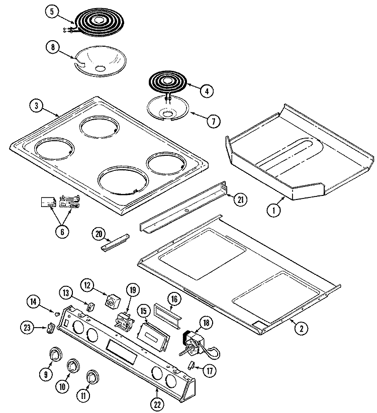 TOP ASSEMBLY Diagram and Parts List for 6651XUS  Magic Chef Range