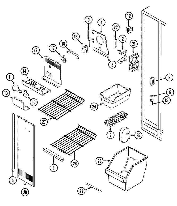 FREEZER COMPARTMENT Diagram and Parts List for GS20A73A  Maytag Refrigerator