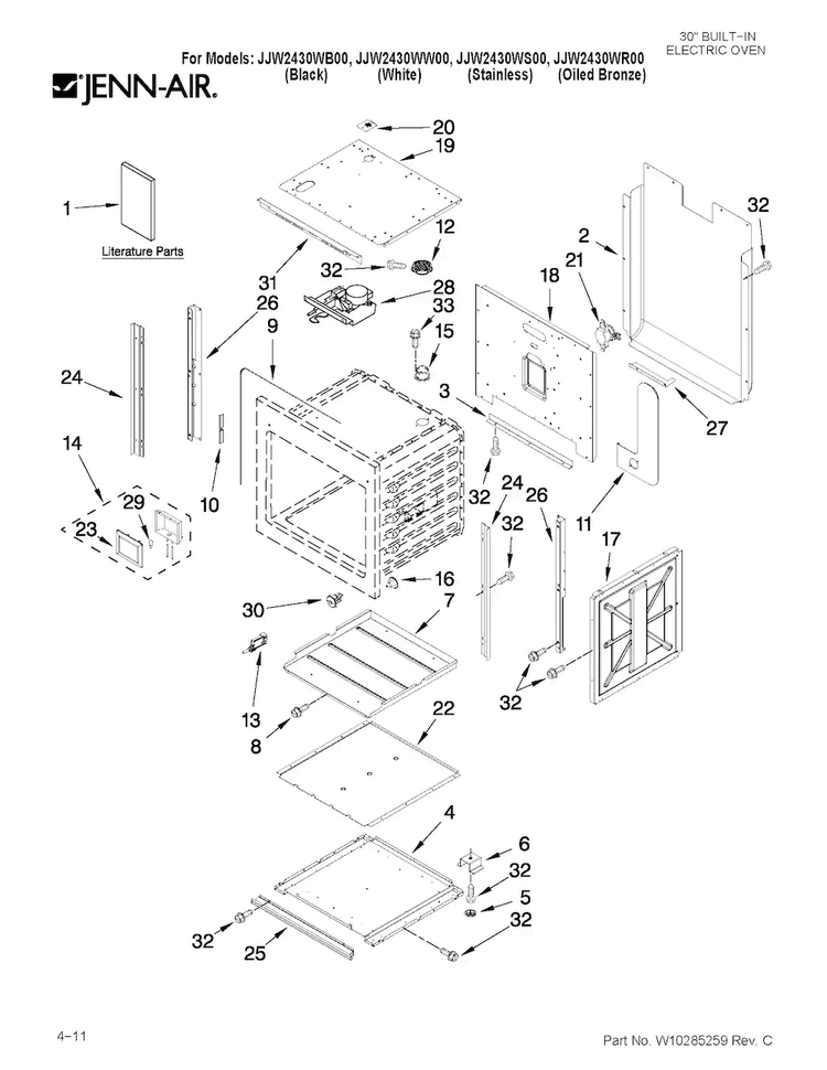 Oven Parts Diagram and Parts List for JJW2430WR00  Jenn-Air Wall Oven