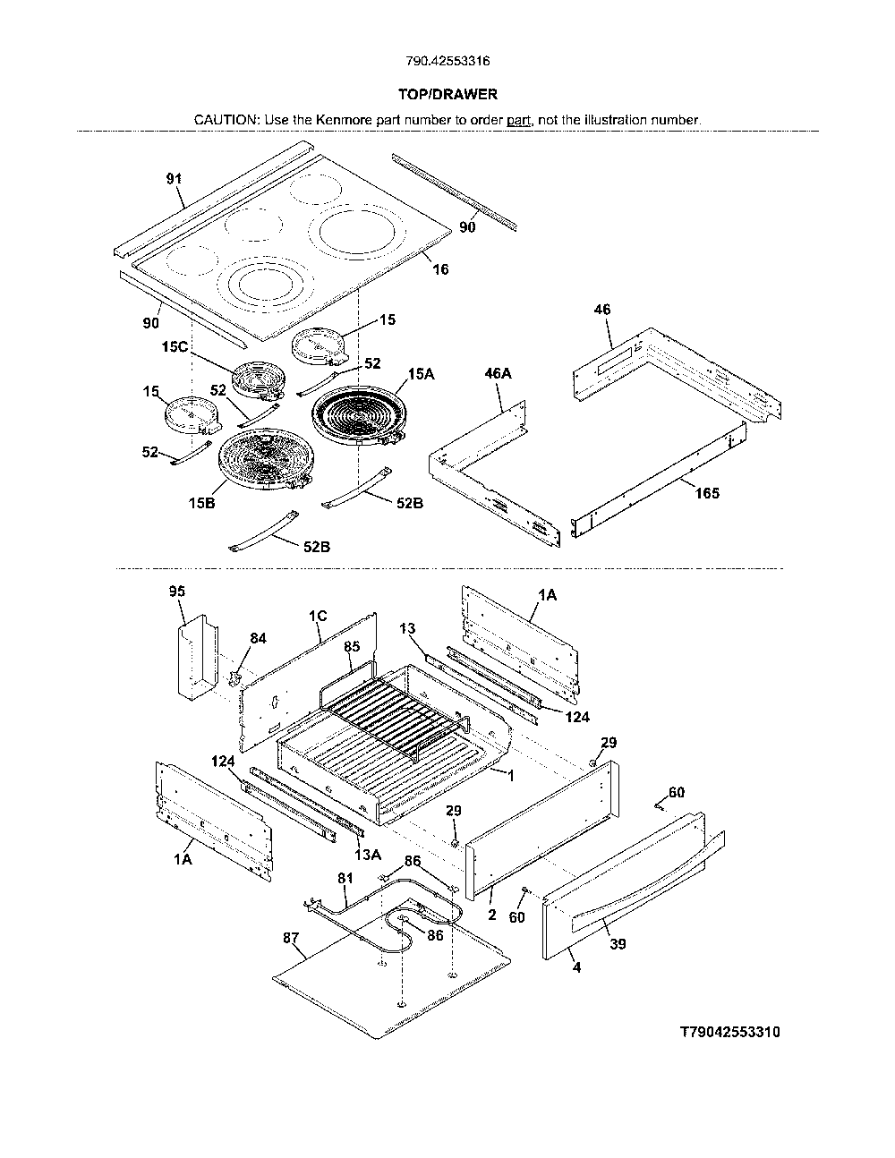 Top/Drawer Diagram and Parts List for 79042553316  Kenmore Range