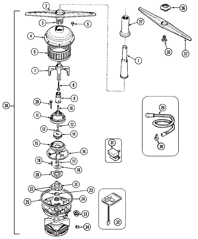 PUMP & MOTOR Diagram and Parts List for DW1000B  Jenn-Air Dishwasher