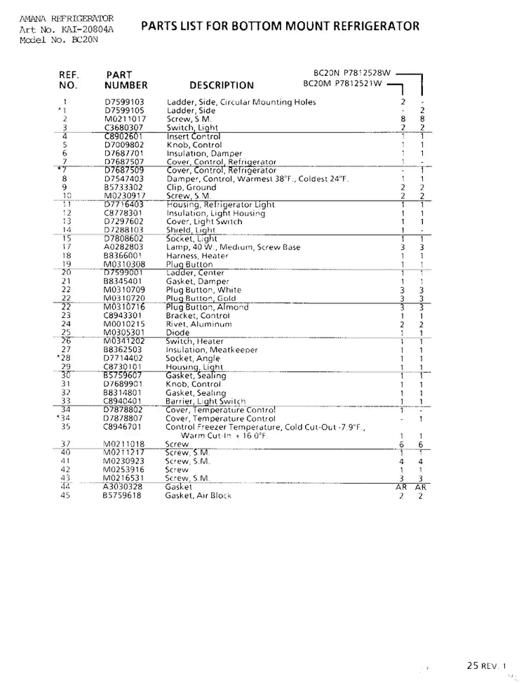 Parts For Bottom Mount Refrigerator Page 2 Diagram and Parts List for 20804A  Amana Refrigerator