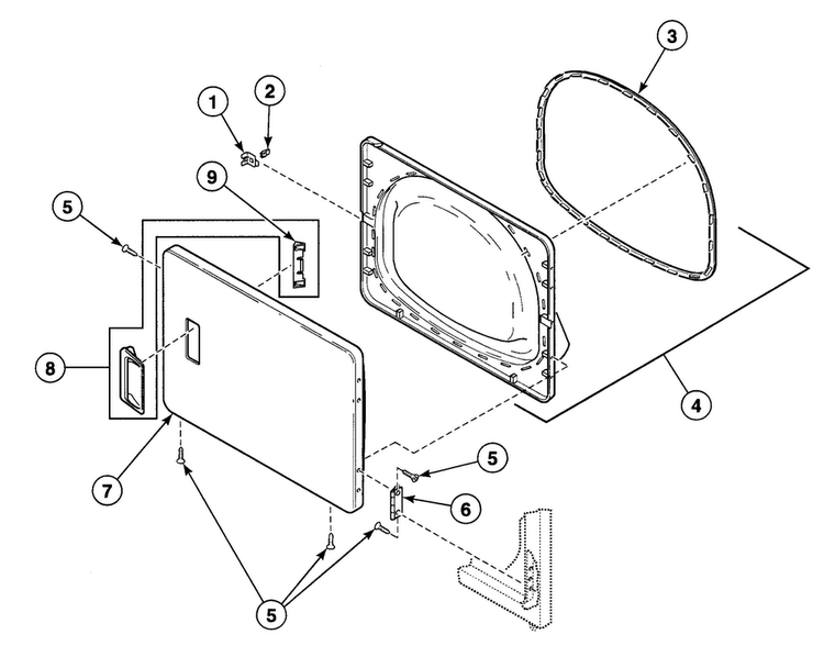 Door Assy Diagram and Parts List for SDE707QF1500  Speed Queen Dryer