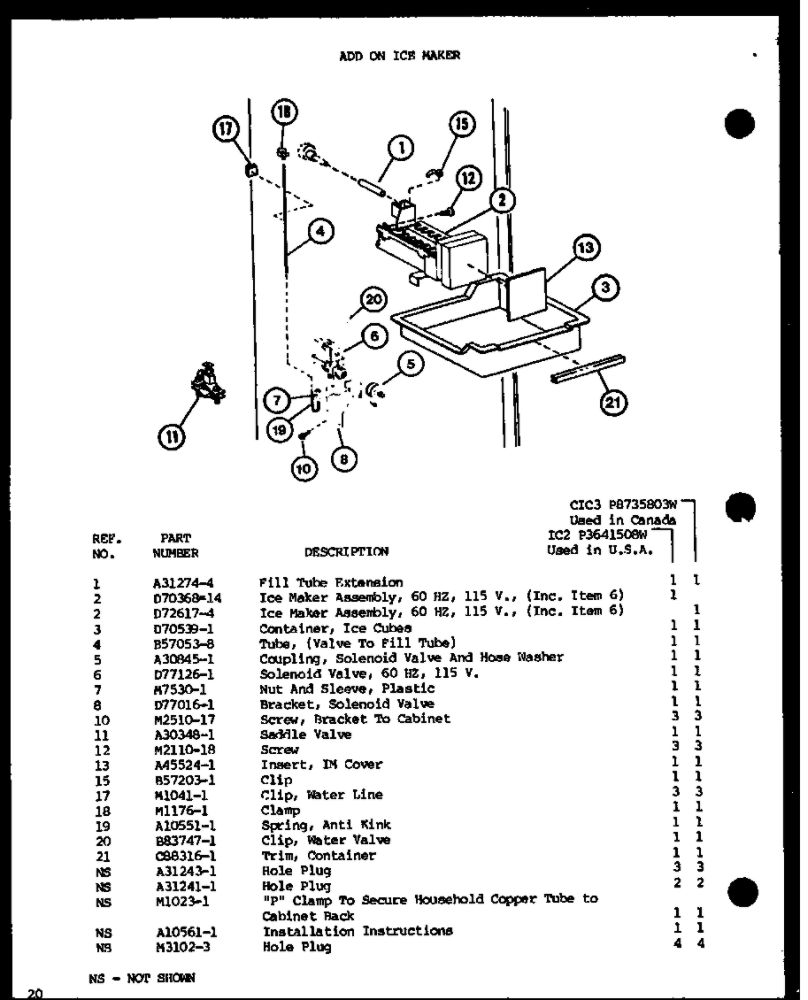 Add On Ice Maker Diagram and Parts List for IC2-P3641508W-SXS  Amana Refrigerator