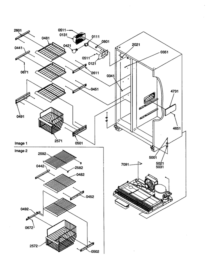 Freezer Shelves And Lights Diagram and Parts List for SSD25TE-P1314201WE  Amana Refrigerator