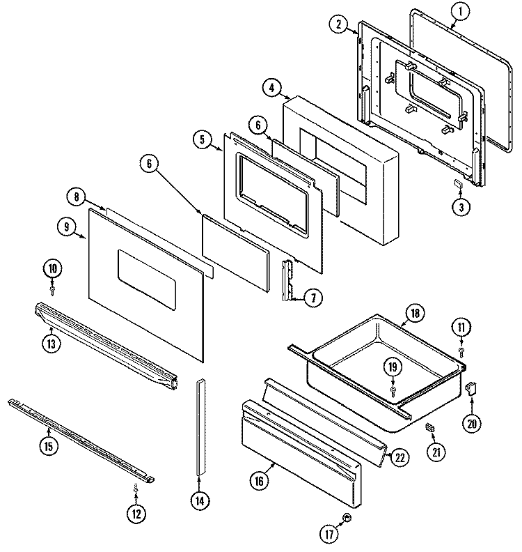 DOOR / DRAWER Diagram and Parts List for 3458XVS  Magic Chef Range