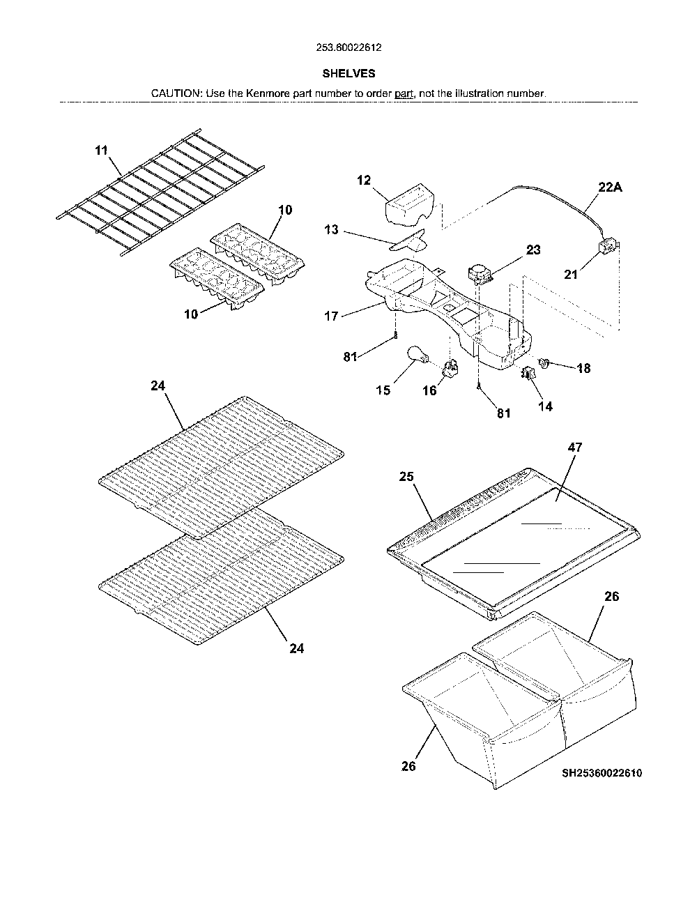 Shelves Diagram and Parts List for 25360022612  Kenmore Refrigerator
