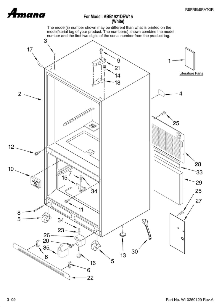 Cabinet Parts Diagram and Parts List for ABB1921DEW15  Amana Refrigerator