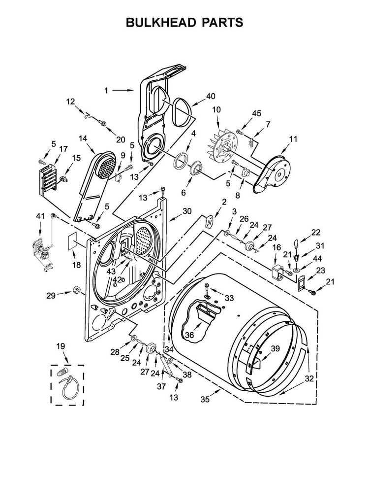 Bulkhead Parts Diagram and Parts List for MEDX6STBW1  Maytag Dryer