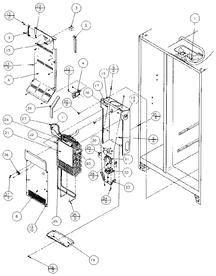 Evaporator And Air Handling Diagram and Parts List for 36511-P1121603W  Amana Refrigerator