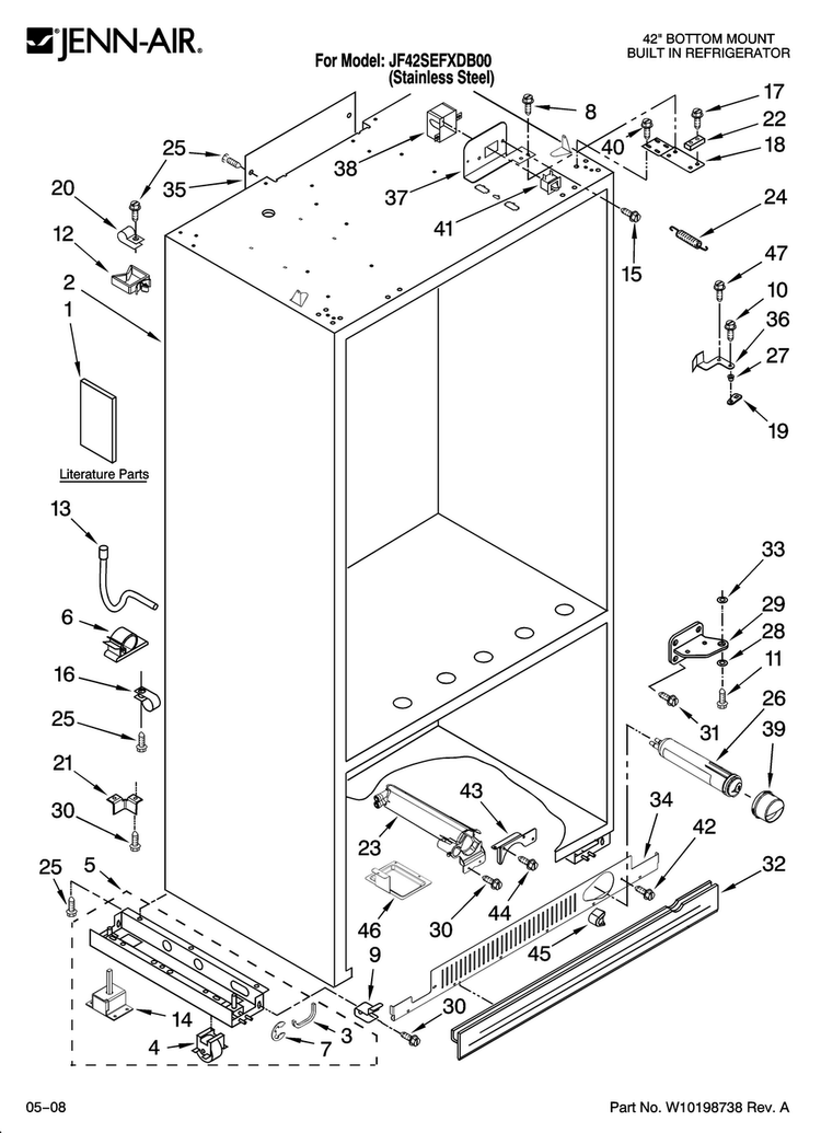 Cabinet Parts Diagram and Parts List for JF42SEFXDB00  Jenn-Air Refrigerator
