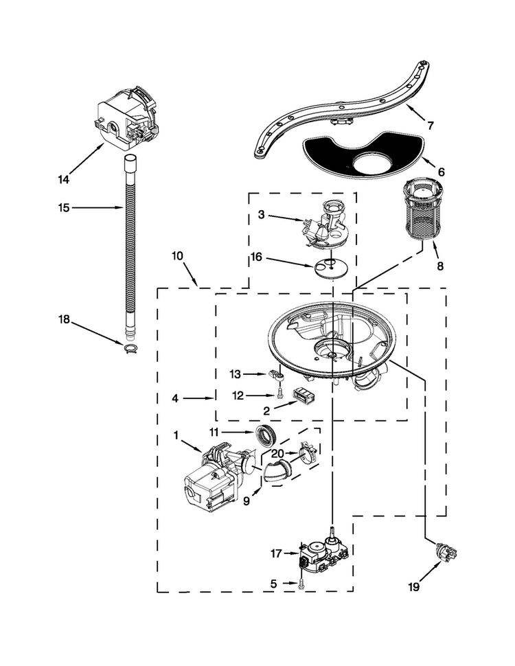 Pump, Washarm And Motor Parts Diagram and Parts List for JDB8700AWS1  Jenn-Air Dishwasher
