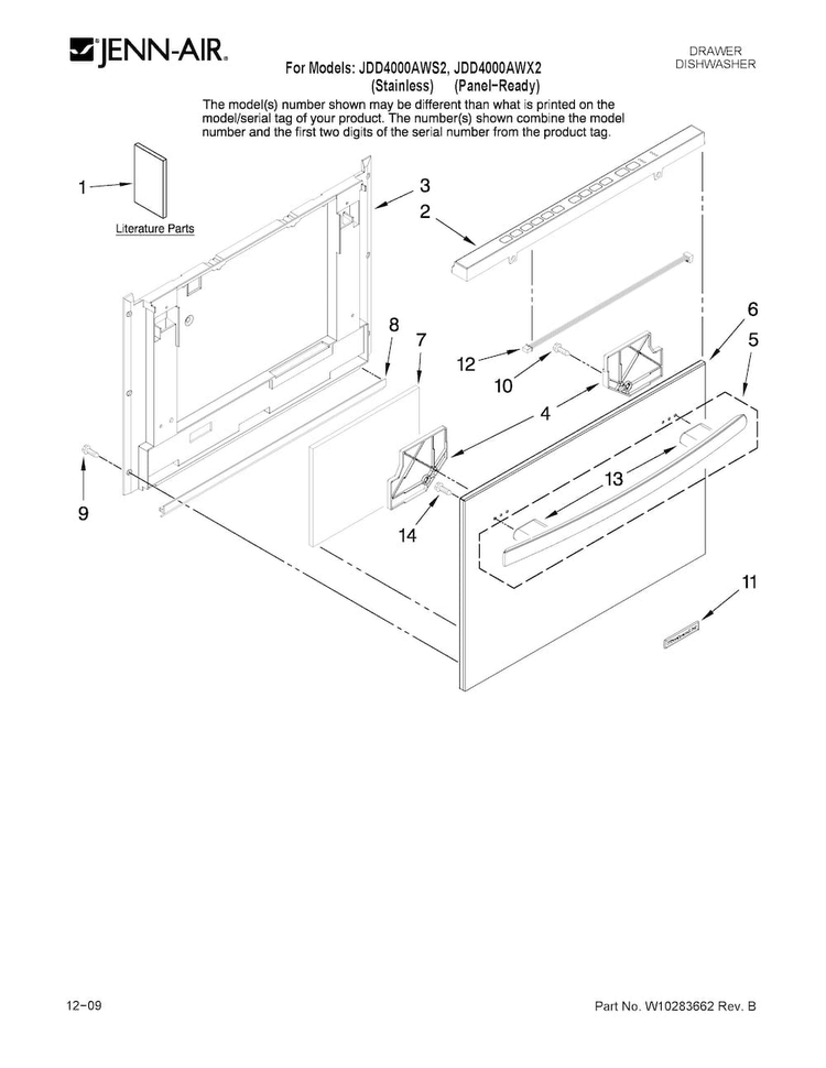 Front Panel Parts Diagram and Parts List for JDD4000AWS2  Jenn-Air Dishwasher