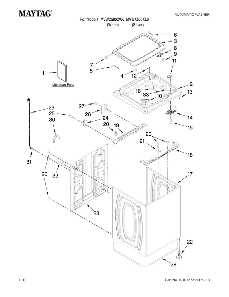 Top And Cabinet Parts Diagram and Parts List for MVWX500XL0  Maytag Washer