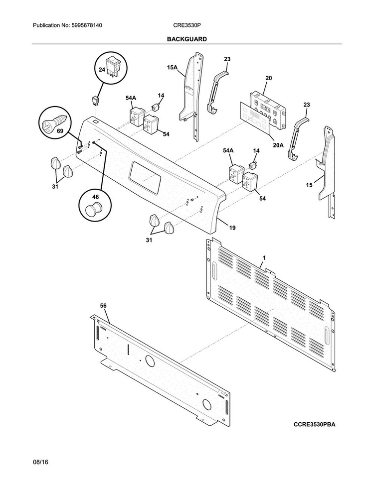 Backguard Diagram and Parts List for CRE3530PWD  Crosley Range