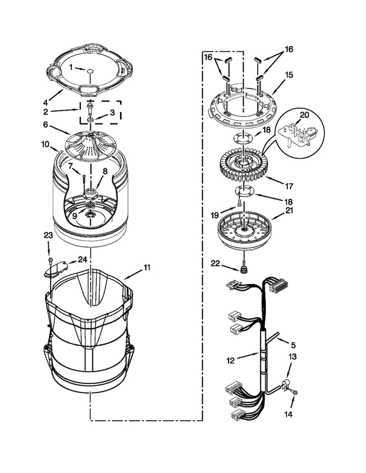 Motor, Basket And Tub Parts Diagram and Parts List for MVWB725BW0  Maytag Washer