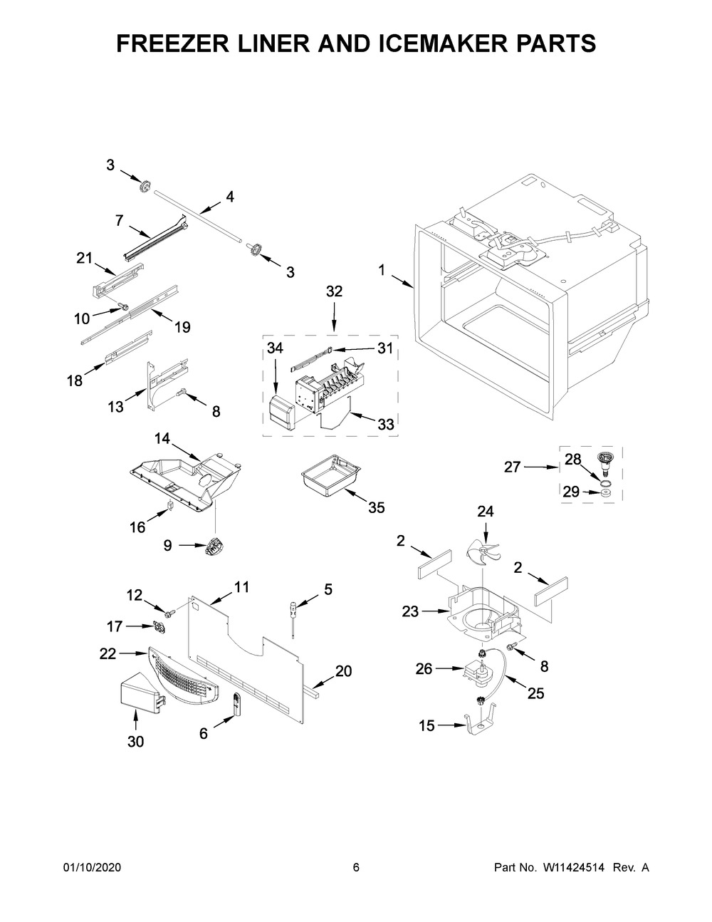 Freezer Liner And Icemaker Parts Diagram and Parts List for MBF2258FEZ04  Maytag Refrigerator