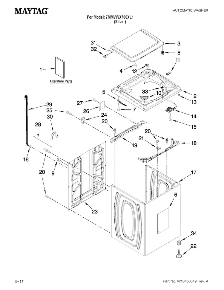 Top And Cabinet Parts Diagram and Parts List for 7MMVWX700XL1  Maytag Washer
