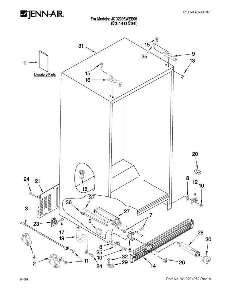 Cabinet Parts Diagram and Parts List for JCD2395WES00  Jenn-Air Refrigerator