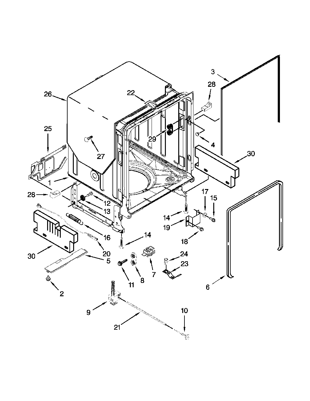 Tub And Frame Parts Diagram and Parts List for 66513972K105  Kenmore Dishwasher