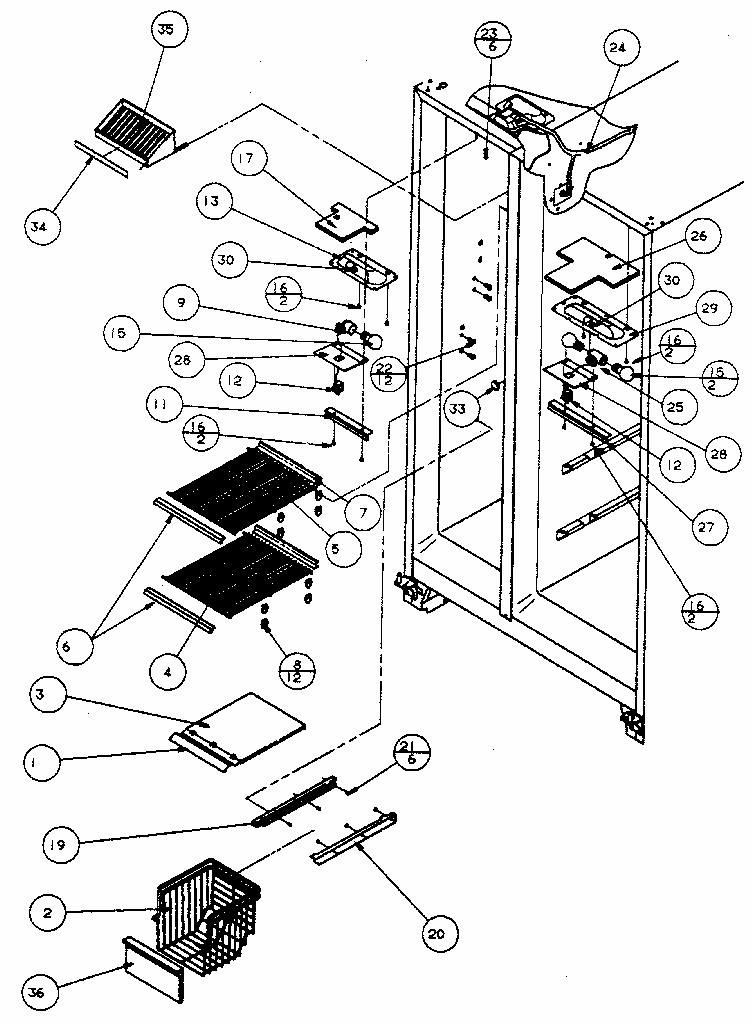 Freezer Shelving And Refrigerator Light Diagram and Parts List for 596SBI20H P7836032W Kenmore Refrigerator