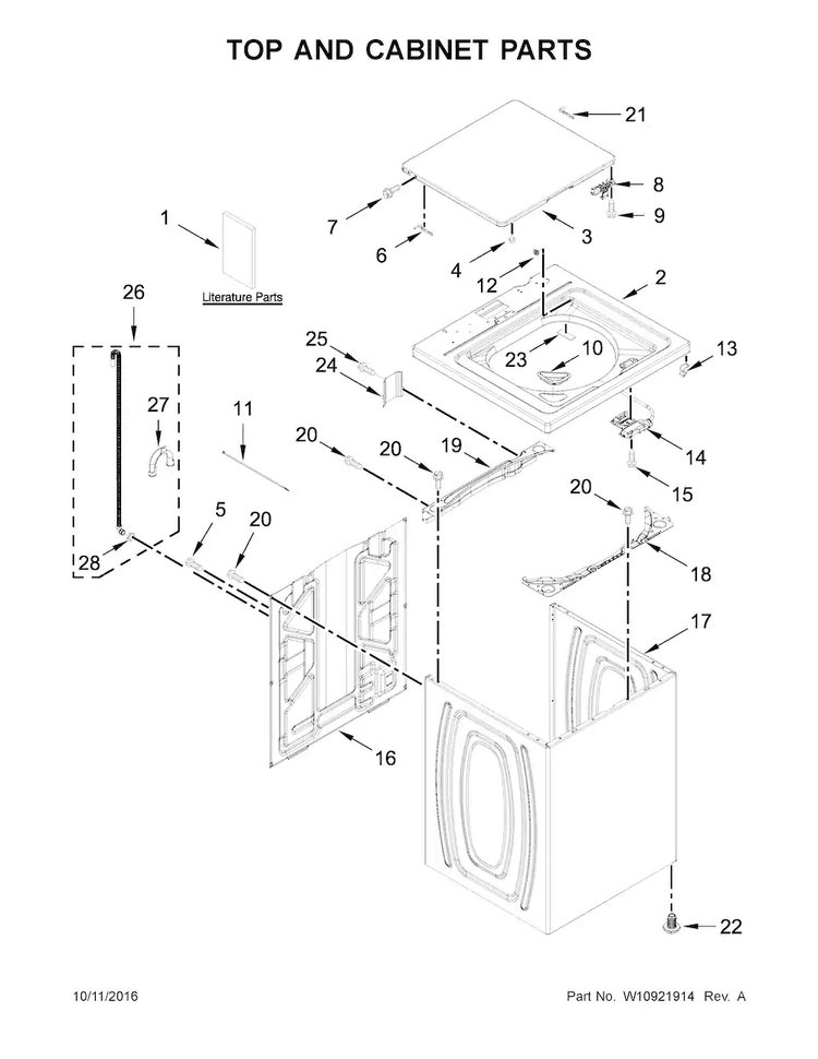 Top And Cabinet Parts Diagram and Parts List for CAW9352EW2  Crosley Washer
