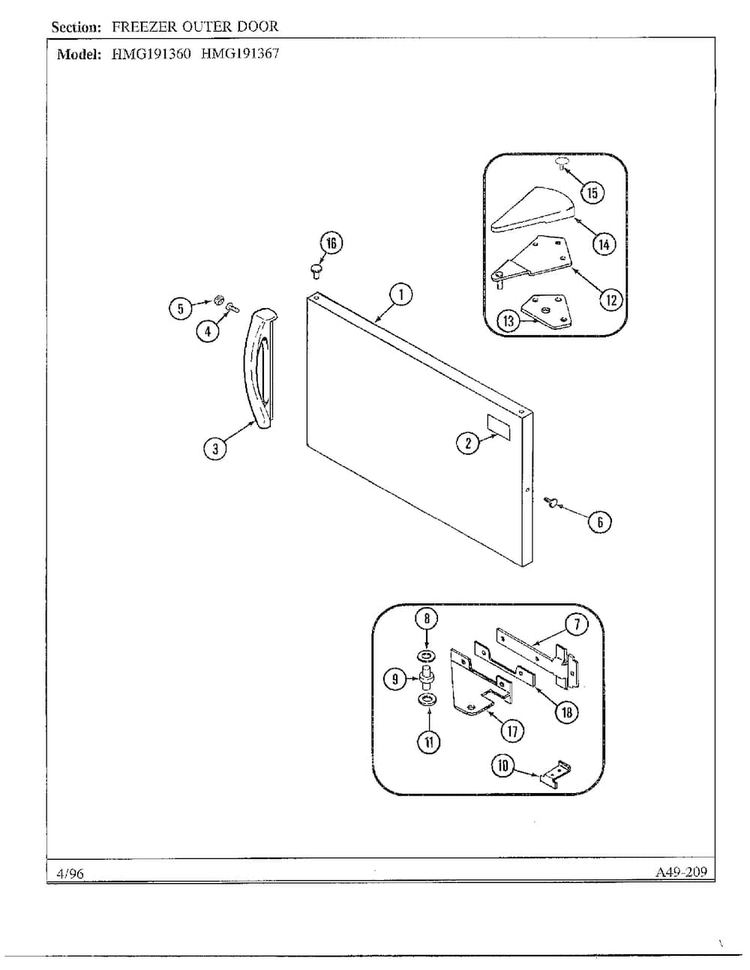 Freezer Outer Door Diagram and Parts List for HMG-191367  Admiral Refrigerator