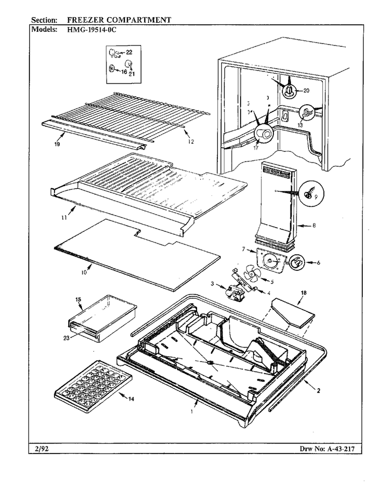 Freezer Compartment Diagram and Parts List for 19514-0A  Admiral Refrigerator