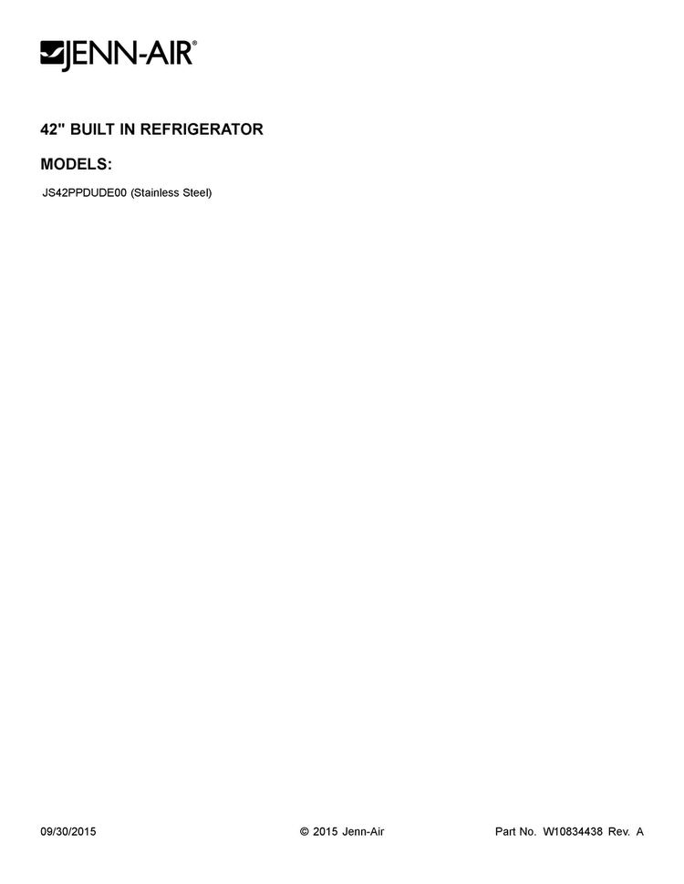 Cover Sheet Diagram and Parts List for JS42PPDUDE00  Jenn-Air Refrigerator