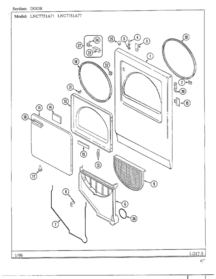 Door Diagram and Parts List for LNC7751A77  Maytag Dryer