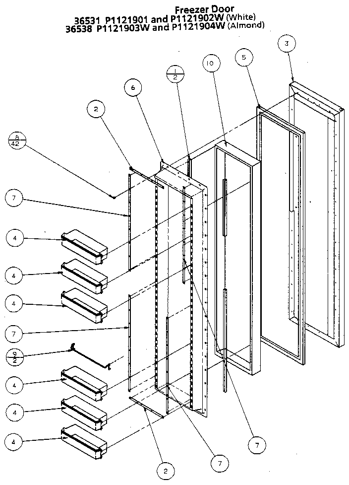 Freezer Door Diagram and Parts List for 36531-P1121902W  Amana Refrigerator