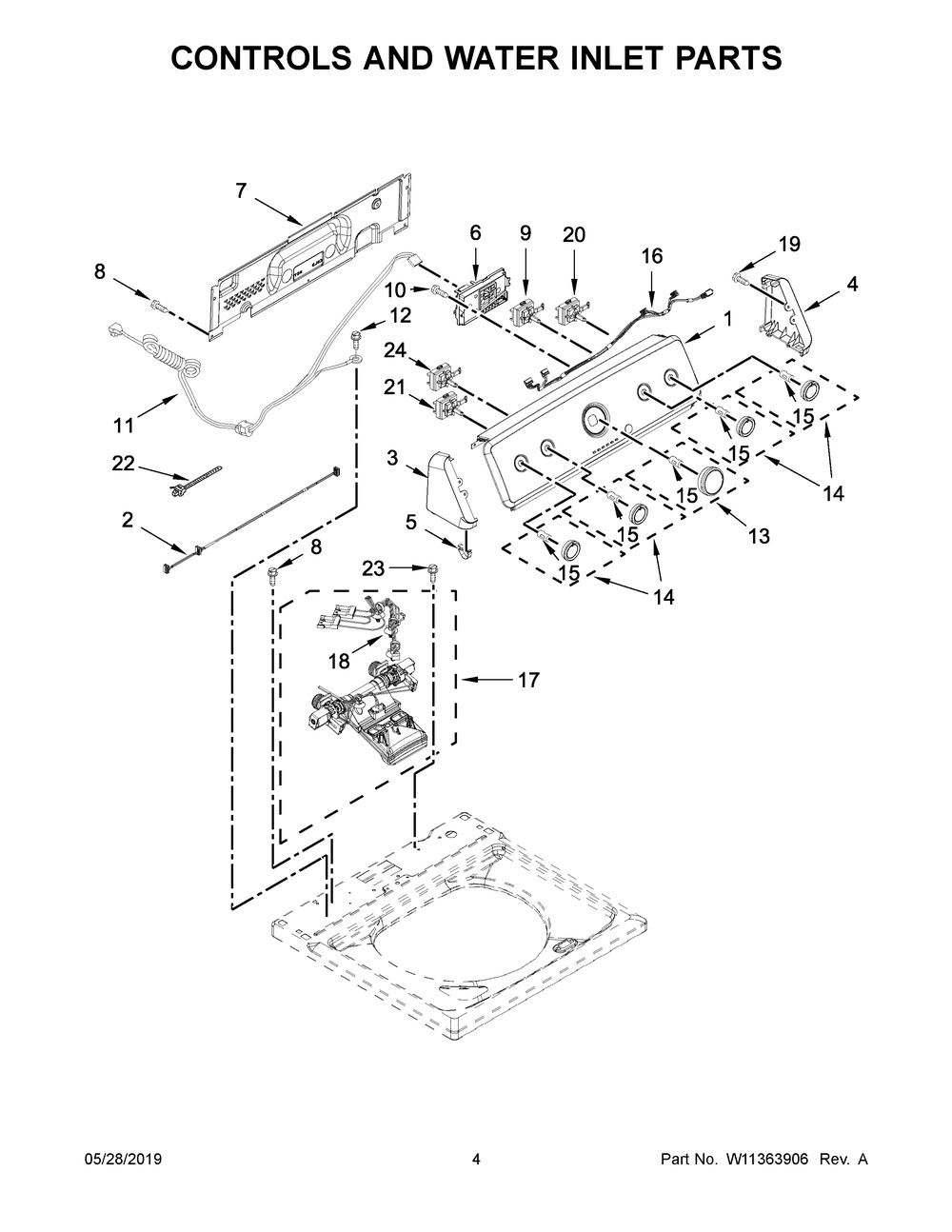 Controls And Water Inlet Parts Diagram and Parts List for 7MMVWC465JW0  Maytag Washer